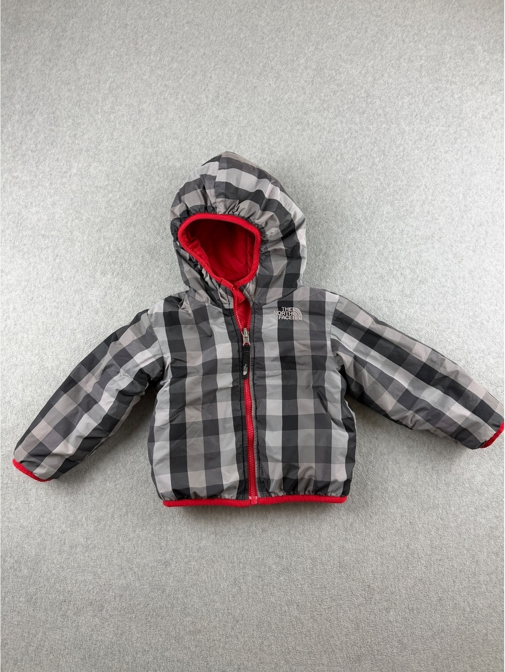 The North Face Reversible Toddler Jacket Red and Gray Plaid